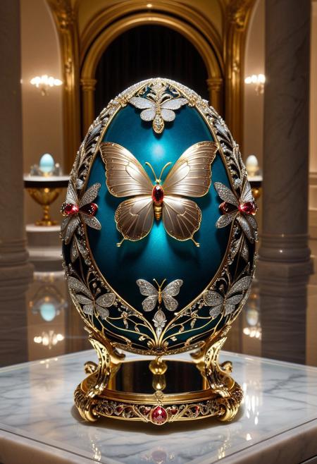 a luxurious Fabergé egg on display in a velvet-lined glass case, encrusted with tiny jewel-like butterfly ornaments, intricate gold and silver filigree shaped like butterfly wings, delicate glowing details embedded in the metal, surrounded by soft ambient lighting and warm reflections on the glass, elegant museum interior with marble flooring and spotlights casting a gentle glow, shallow depth of field focused on the egg, subtle reflections on the glass surface, high realism, cinematic lighting, detailed textures, magical yet regal atmosphere, butterflyStyle