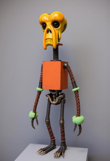 The image is a photograph of a surreal, abstract sculpture made from a combination of materials, primarily wood and metal. The sculpture resembles a humanoid figure with exaggerated, exaggerated features. It has a head shaped like a pair of melting, orange and yellow spheres with large, black eye sockets. The head is mounted on a torso made from a wooden structure painted in a rusty orange hue. The arms and legs are made from twisted, brown metal rods, giving the figure an elongated, skeletal appearance. 
The arms and legs are further adorned with green, sponge-like material, possibly for texture or as a contrasting element. The torso features exposed, intricate mechanical parts, suggesting a fusion of organic and mechanical elements. The sculpture appears to be a mix of different materials and textures, including wood, metal, and possibly foam or sponge. 
The background is a plain, muted gray wall, which contrasts sharply with the vibrant colors and textures of the sculpture. The overall composition is a blend of whimsical, surreal art and abstract expressionism, with a focus on juxtaposing different materials and forms to create a striking, somewhat unsettling figure.