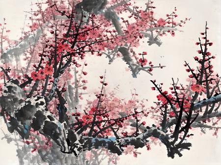 Chinese ink painting, plum blossom tree, <lora:Chinese_INK_painting_V1:1>