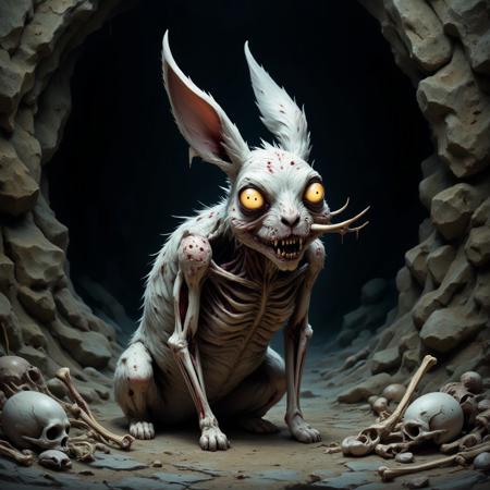 a white zombie bunny with heavy fang with decrepit skin, in front of a dark cave, human bones lying on the ground, spooky, DarkAtmosCE style,cc_dark fantasy, DarkCaos