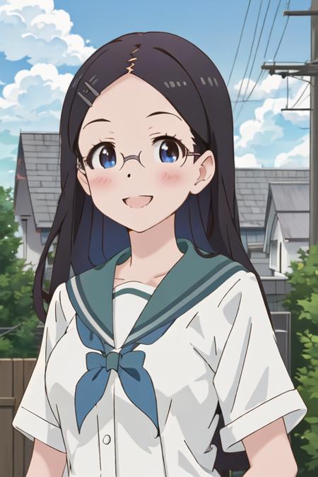 best quality, masterpiece, highres, solo, {saito_kaede_encouragementofclimb:1.15}, black_hair, glasses, blush, long_hair, hairclip, hair_ornament, blue_eyes, smile, 1girl, day, outdoors, sky, cloud, open_mouth, school_uniform, serafuku, looking_at_viewer, tree