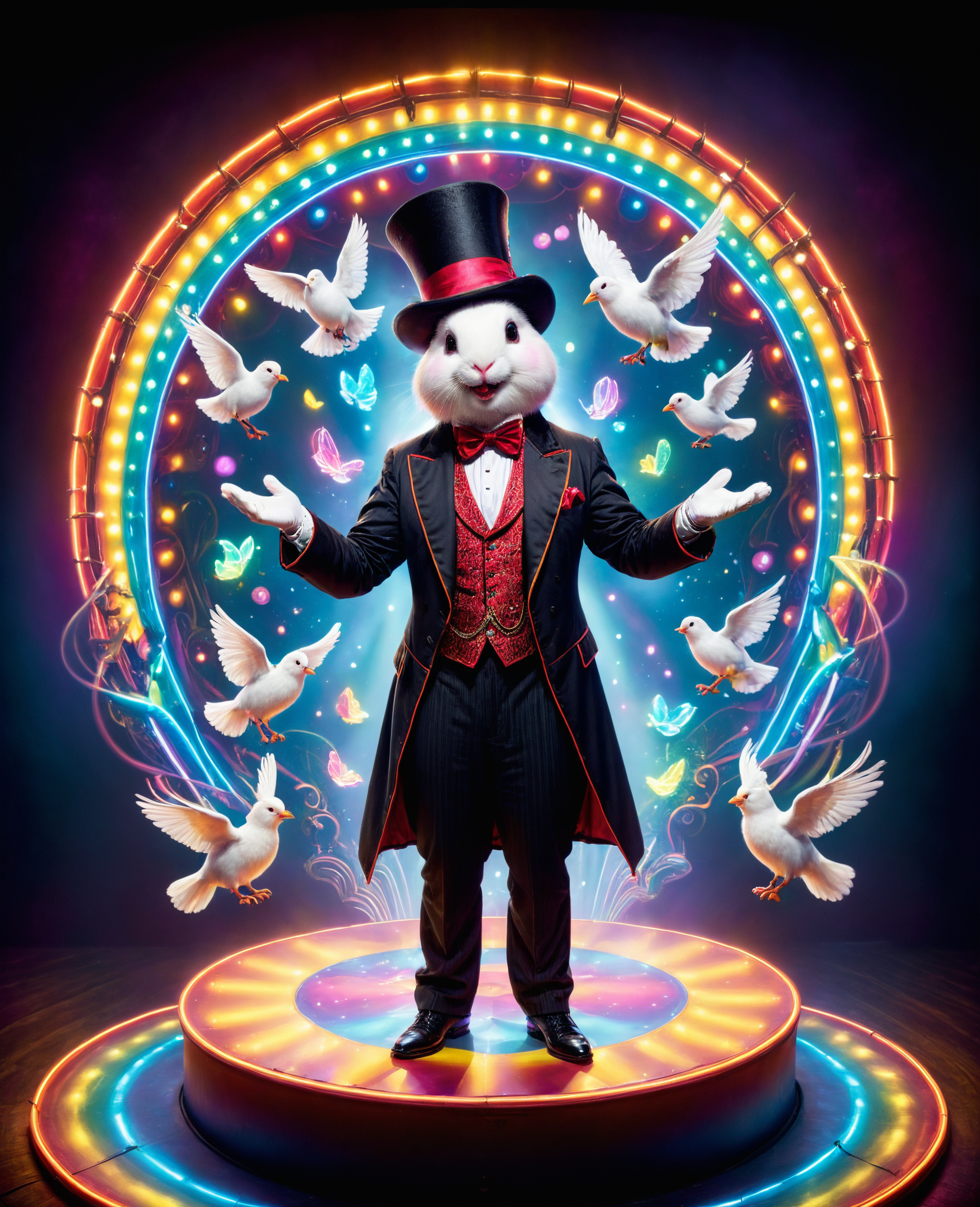 A mischievous, top-hatted magician stands atop a floating, neon-lit stage, his gloved hands orchestrating a dazzling display of special effects and illusions. Around him, a menagerie of fantastical assistants, from a rainbow-feathered dove to a grinning, oversized rabbit, aid in his mesmerizing performance. The scene becomes an allegory for the magic of storytelling and the way in which the imagination can conjure entire worlds of wonder and delight, as the magician and his whimsical entourage invite the audience to suspend disbelief and embrace the extraordinary.
<lora:grainy-v1:0.7> <lora:xl_real_beta1:0.5>