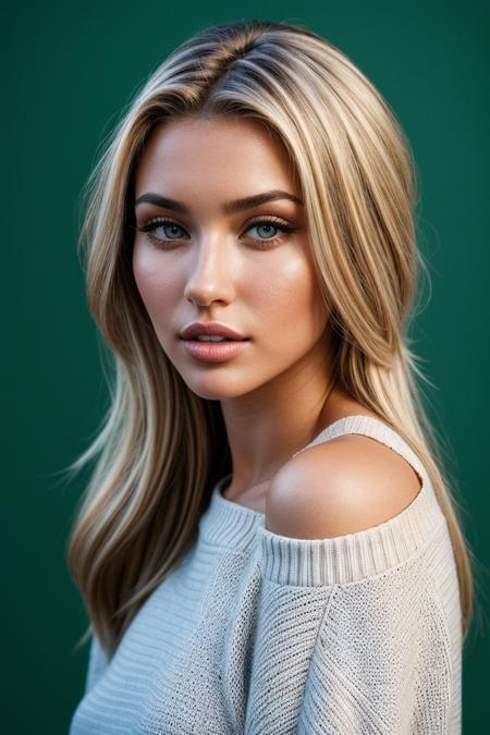 photo of fit (m1kayladem:0.99), a beautiful woman, perfect blonde hair, (modern photo), (Mulberry  off-sweater shoulder), ((plain Fluorescent Yellowbackground:1.1)), 85mm, (analog, cinematic, film grain:1.3), detailed eyes, (epicPhoto), (looking at viewer), (cinematic shot:1.3), PA7_Portrait-HL_v2