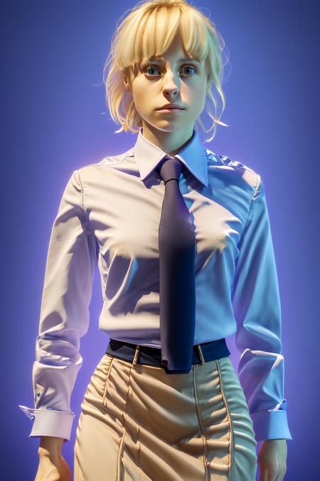 <lora:Kasia13PosterunekV2:0.8> kasia 13 posterunek, young woman 1girl solo, shirt, necktie, skirt, upper body portrait, masterpiece, realistic shaded, fine details, dramatic lighting, cgi render 3d