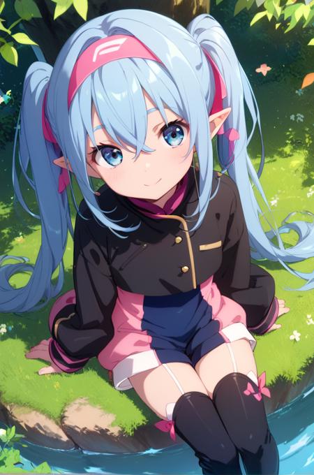 klan klein, blue hair, blue eyes,twintails, pink headband, hair ornament, pointy ears,  very long hair, white sleeve cuffs, bodysuit, blue gloves, black cropped jacket, long sleeves,  thighhighs, thigh boots, hair between eyes,