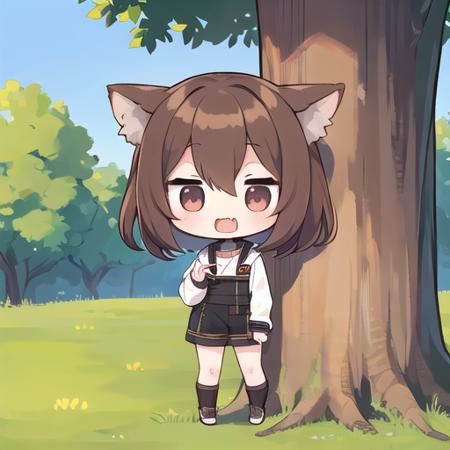 <lora:hotarueye_jitome15_v100:1>, 1girl, (chibi:1.4), smile, open mouth, upper body, standing, animal ear, brown hair, outdoor