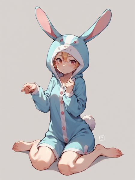  rabbit onesie, rabbit costume, rabbit ears, hood, barefoot, animal costume, pajamas, solo,