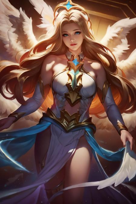 1girl, angel, angel wings, bare shoulders, blonde hair, breasts, dress, feathered wings, halo, jewelry, long hair, big breasts, white wings, wings, a beautiful woman with angel wings and a halo around her neck and a cup of tea in her hand, Epsylon Point, league of legends splash art, a detailed painting, fantasy art, (masterpiece, best quality:1.5), open belly, <lora:LaurielDivineGrace-01:1>