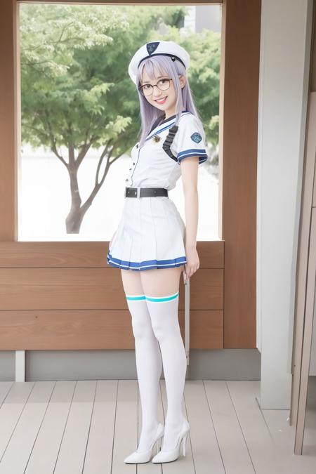 neon \(nikke\) <lora:neon_nikke_v01:0.9>,
looking at viewer, 1girl, glasses, beret, white shirt, white skirt, miniskirt, belt porch, thighhighs, white high heels, smile, full body,