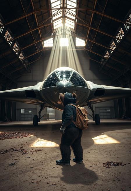 An anthro grizzly bear urban explorer wearing a black hoodie is examining an alien delta-wing spacecraft in an abandoned aircraft hangar. The bear is carrying a backpack. The air is dusty and rays of light can be seen shining through windows near the ceiling. Highly detailed high contrast photograph with high dynamic range and vibrant shadows and light.