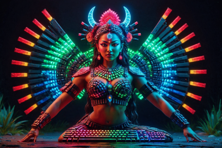 a goddess, Durga, warrior goddess, made out of RGB Keyboards, with multiple arms, holding weapons, fighting with weapons with RGB lights, solo, neon Japanese moonscape with glowing lanterns with RGB lights, starry night, detailed background, kneeling with RGB energy, shimmering with RGB lights, head bowed, wrathful, flashing with RGB lights, dynamic angle, wide shot, best quality, vibrant colors, realistic style, high detail, high-definition, hyper-realistic, extremely high-resolution details, fine texture, incredibly lifelike, realistic, not cartoon, not drawing, highres, 4K resolution, source photo, realistic photo, masterpiece, best quality, amazing quality, very aesthetic, ultra-detailed, detailed textures, natural lighting, soft light, neon RGB colors, vibrant reds, blues, greens, electric spark, sharp and vibrant, medium shot, <lora:RGB_Keyboard_themed-000008:1>