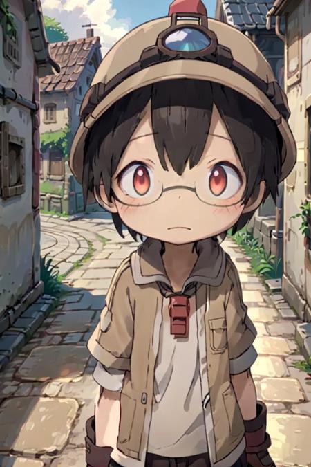 <lora:shiggysdxl-000030:0.6>
10 year boy named mia_shiggy standing in a beautiful village,
he is wearing a red whistle around his neck,
adorabel boy, cute face, details sky, handsome, young, juvenile,
he has black hair, and he has red gradiant eyes, brown helmet, gloves, hat, closed mouth, glasses, black gloves, helmet, glasses, brown jacket,
multiple details, eyeshadow, sfw,  faint smile
hyper-detailed,hyper-detailed face, draw it in the style of Made in Abyss
The soft lighting and detailed surroundings create an immersive environment where imagination runs wild
high quality visuals, dim Lighting, sharply focused, octane render, 8k UHD