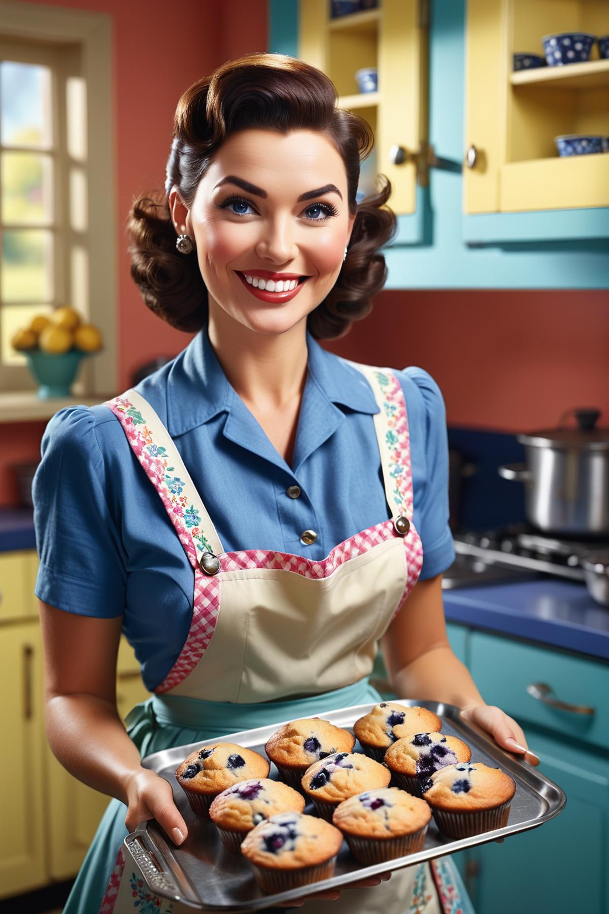 A smiling woman in a blue and white dress holding a tray of blueberry muffins.