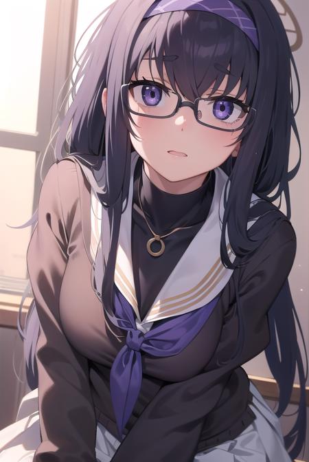 uikozeki, <lora:uikozeki-lora-nochekaiser:1>,
ui kozeki, bags under eyes, black hair, (purple eyes:1.5), glasses, halo, long hair, red-framed eyewear,
BREAK black pantyhose, black undershirt, blue hairband, blue neckerchief, brown cardigan, brown sweater, cardigan, hairband, long sleeves, messy hair, neckerchief, pantyhose, sailor collar, school uniform, serafuku, sweater, white sailor collar, white serafuku, skirt, long skirt,
BREAK looking at viewer,
BREAK indoors, classroom,
BREAK <lyco:GoodHands-beta2:1>, (masterpiece:1.2), best quality, high resolution, unity 8k wallpaper, (illustration:0.8), (beautiful detailed eyes:1.6), extremely detailed face, perfect lighting, extremely detailed CG, (perfect hands, perfect anatomy),