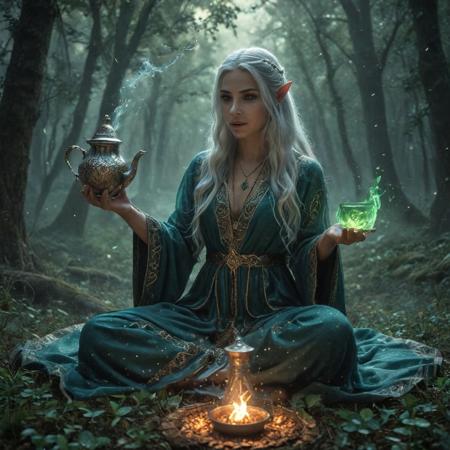 Atai, cinematic movie still, fantasy art, mystical forest clearing at twilight, ethereal elven sorceress with long silver hair, wearing flowing emerald robes, sitting cross-legged beside glowing magical fire, ornate fantasy teapot floating in mid-air pouring Atai into crystalline chalice, magical mint leaves glowing with soft green light, swirling mystical mist, enchanted atmosphere, dramatic lighting with purple and gold tones, magical particles floating, detailed textures, fantasy digital painting style, depth of field, atmospheric perspective
