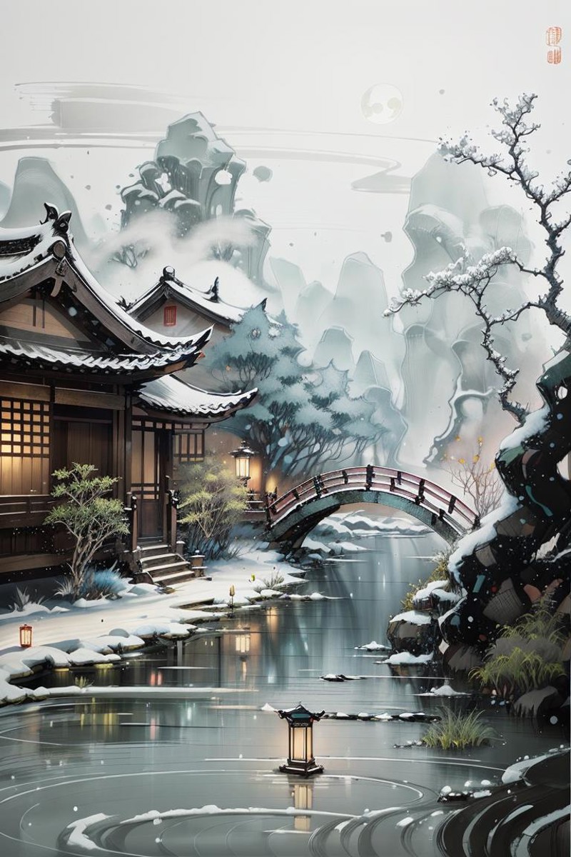 masterpiece,best quality,Chinese martial arts style,an snowing asian night scene with lanterns and water lilies,asian pond...