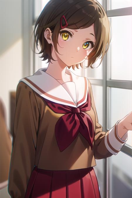 hazukikatou, <lora:hazuki katou s2-lora-nochekaiser:1>,
hazuki katou, short hair, brown hair, hair ornament, (yellow eyes:1.3), hairclip,
BREAK skirt, shirt, long sleeves, school uniform, pleated skirt, serafuku, neckerchief, (brown skirt:1.2), white sailor collar, (brown shirt:1.2), kitauji high school uniform, (red neckerchief:1.5),
BREAK indoors, classroom,
BREAK looking at viewer, (cowboy shot:1.5),
BREAK <lyco:GoodHands-beta2:1>, (masterpiece:1.2), best quality, high resolution, unity 8k wallpaper, (illustration:0.8), (beautiful detailed eyes:1.6), extremely detailed face, perfect lighting, extremely detailed CG, (perfect hands, perfect anatomy),