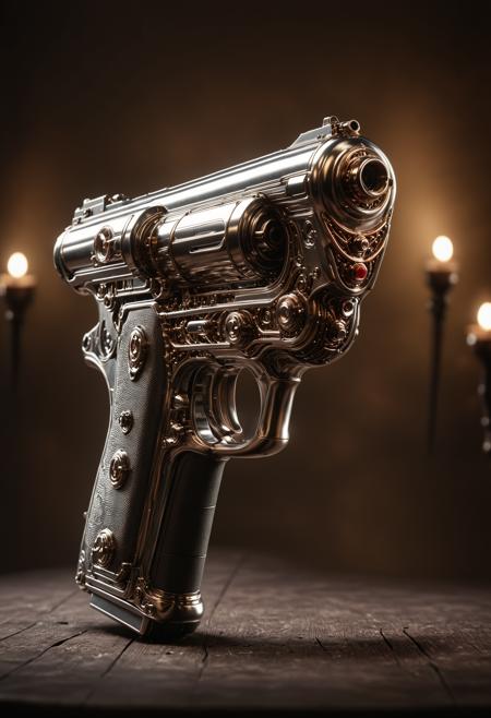 Tilt-shift photo of retro futuristic detailed concept art of a Ray-Gun,Sci-Fi handgun pistol,baroque style illustration,precise lines and geometry,beautiful illustration by joe johnston,zbrush cgsociety,uplight,futuristic,black background,clear image,clear details,fantasy weapon,hyper detailed,8k sharp focus quality surroundings,photorealistic,vibrant colors,inspired,light,saturated,beautiful,elegant,intricate,elite,full color,cinematic,surreal,dramatic ambient,advanced,symmetry,great composition,highly detail,professional,winning,best,romantic,perfect,atmosphere,artistic,dynamic,rich vivid,brilliant,complex,creative,positive,lovely,pure,<lora:ral-polishedsteel:1>,<lora:WildcardX-XL-Detail-Enhancer:1>,<lora:sinfully_stylish_SDKL:1>,<lora:Steampunk_Pony:0.8>,steampunk,, ultra quality, ultra detailed, intricate details, 8k, hdr, rim light, chiaroscuro, golden hour, Bokeh, tilt-shift, masterpiece, dark shot, shadow, beautifully lit, candle light, 3d . Selective focus, miniature effect, blurred background, highly detailed, vibrant, perspective control