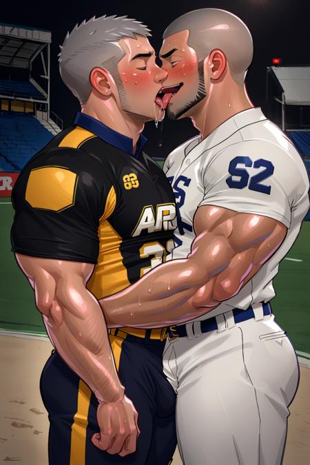 masterpiece, best quality, buzz cut, multiple boys, very short hair, blush, 2boys, sideburns, yaoi, bara, upper body, couple, pectorals, shirt, tongue out, muscular, long sideburns,  kiss, facial hair, black hair, grey hair, sweat, saliva, looking at another, baseball uniform, tight, from side