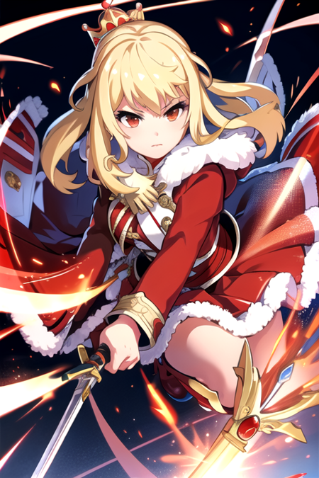 <lora:4Reina-09:0.7>,reinaptd, 1girl, solo, long hair, skirt, blonde hair, red eyes, long sleeves, holding, closed mouth, jacket, weapon, pleated skirt, boots, sword, holding weapon, fur trim, red skirt, holding sword, crown, blue jacket, mini crown, saber (weapon)