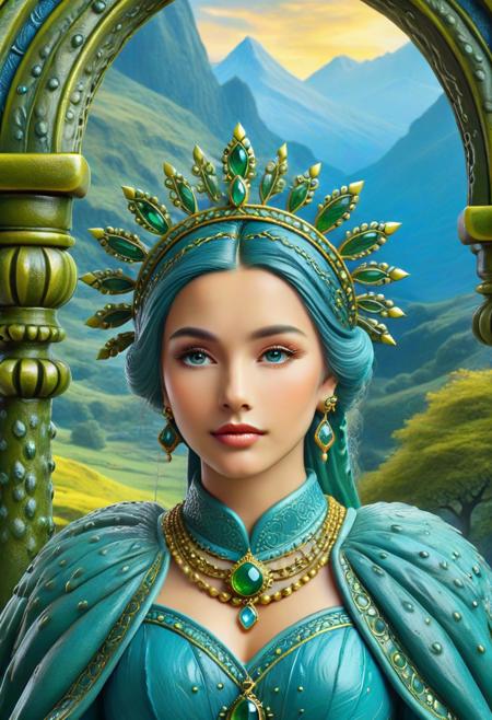 Queen made of dvr-pckl, magical landscape with enchanted elements, fantasy art style, slate blue theme, intricate details, ultra sharp, exquisite detail, flawless composition, vivid colors, masterpiece, Super model, portrait, stoic, expressionless, beautiful, photorealistic, UHD, 8K, masterpiece, detailed, ultra_high_resolution, lots of detail, YurYuna, modest, sfw, gorgeous, looks beautiful and aesthetic, colorful background, key visual, luxurious, artistic, high resolution, digital art, visual aesthetics, contemporary design, vibrant colors, artistic composition,  elegant, intricate detailing, modern,