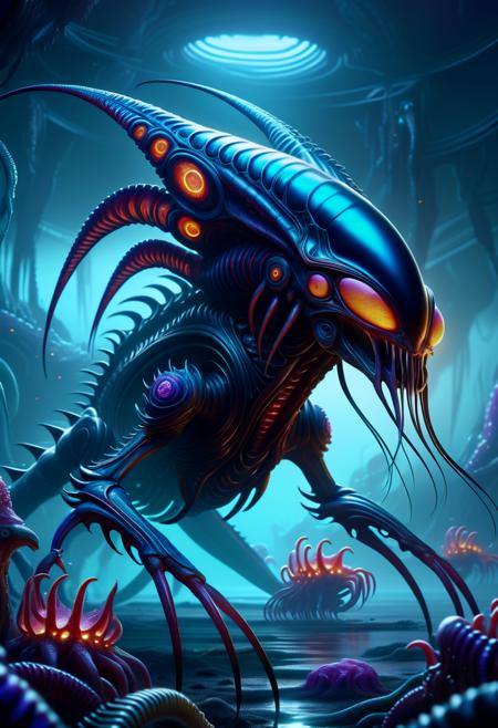 hyper detailed masterpiece, dynamic realistic digital art, awesome quality,DonMX3n0XL,massive monstrous alien moody crustacean existence,  hoofed,  long-tailed, scales,    , organic  xeno biology , eerie glow <lora:DonMX3n0XL-000008:0.8>