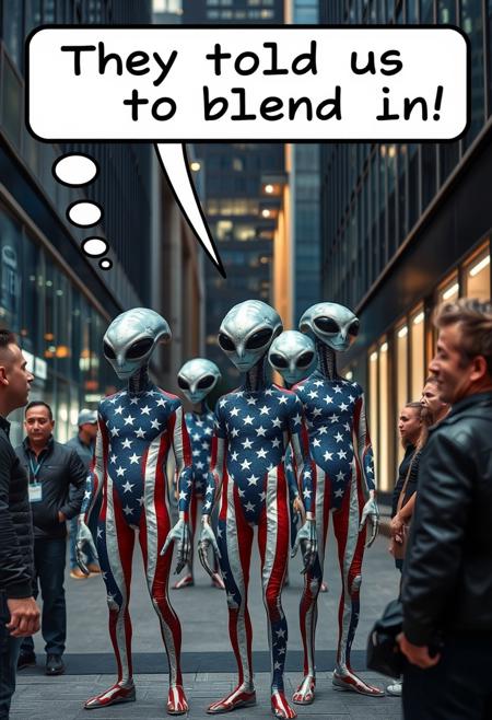 Aliens dressed as American flag print clothes in a modern city street with a thought bubble next to their head with the words They told us to blend in!, humans staring at them in surprise, surreal unusual picture, intricate detail, out of this world image.