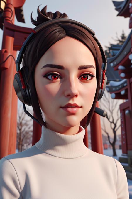 <lora:VRAMsDemi:0.5> vramsdemi, 1girl, winter, shinto shrine, closeup, three quarter view, 3d render, headphones, red eyes, listening to music, makeup, turtleneck, short ponytail, dangling wires