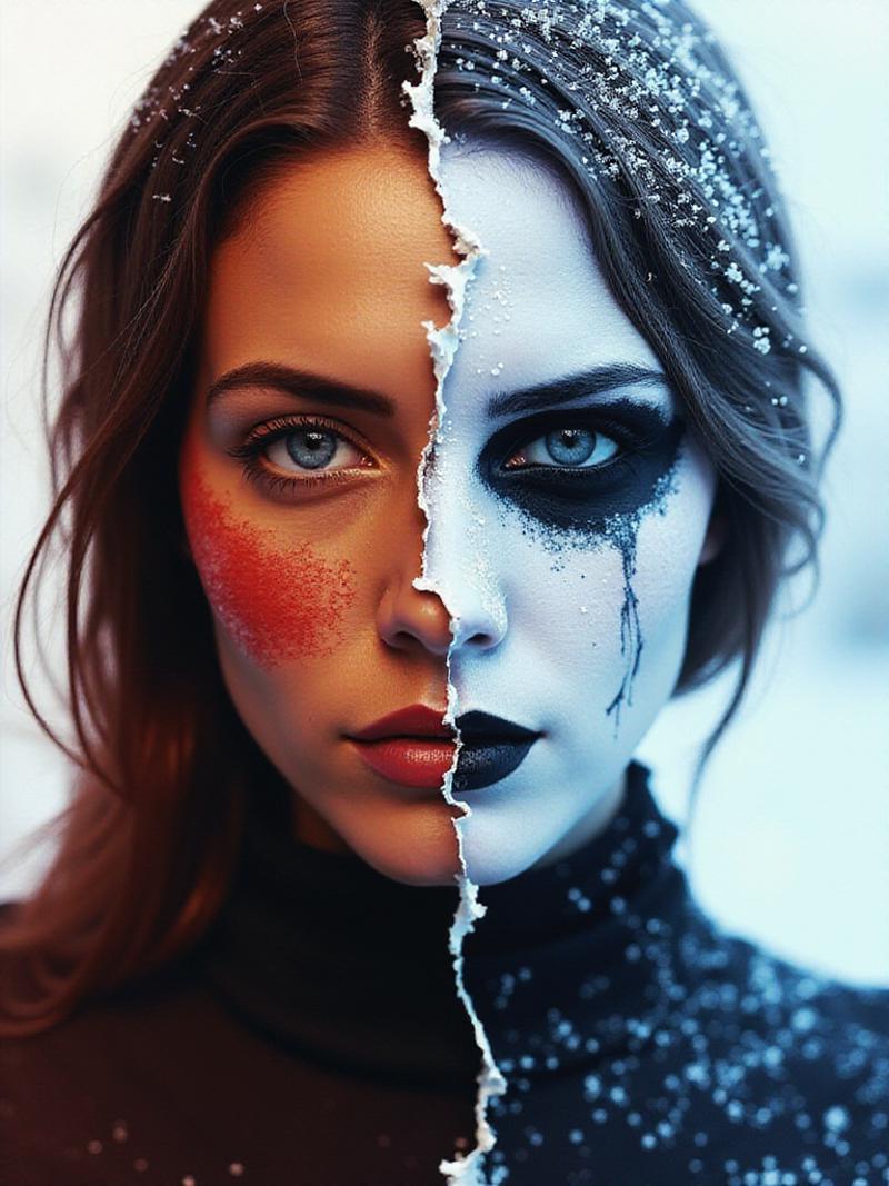 "A striking digital artwork of a woman with black and red paint on her face. The left side of her face is warm-toned, with soft oranges and reds, while the right side is cold, with cool blues and icy tones. Snow and ice elements are integrated into the right side, with frost covering parts of her skin and hair. The background features a gradient transitioning from white to deep red on the warm side, and from white to icy blue on the cold side. Torn and jagged edges create a raw, distressed look. The overall composition has high contrast, with sharp details and dramatic lighting, emphasizing the contrast between warmth and coldness, creating a haunting yet captivating appearance.