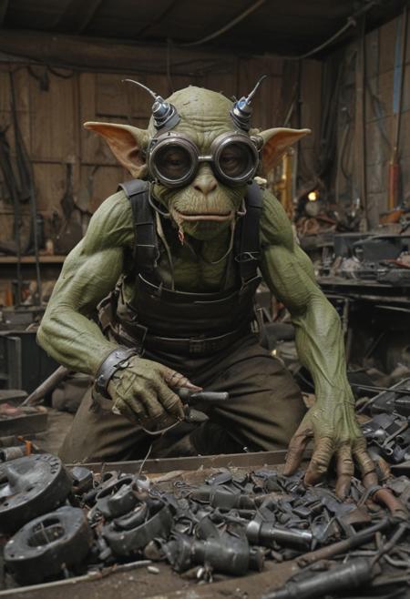 fantasy, techno fantasy, a goblin wearing welding goggles experiments with explosives in a cluttered shed full of parts and chemicals, uhd 32k (nikon:1.5) dof