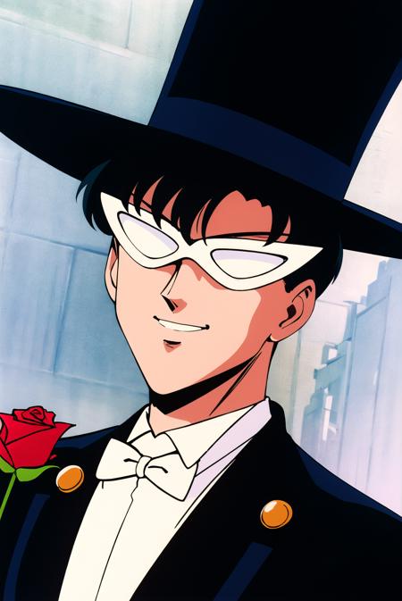 Tuxedo Mask, 1boy, male focus, solo, top hat, mask, hat, retro artstyle, bow, open mouth, bowtie, black hair, formal,suit,upper body