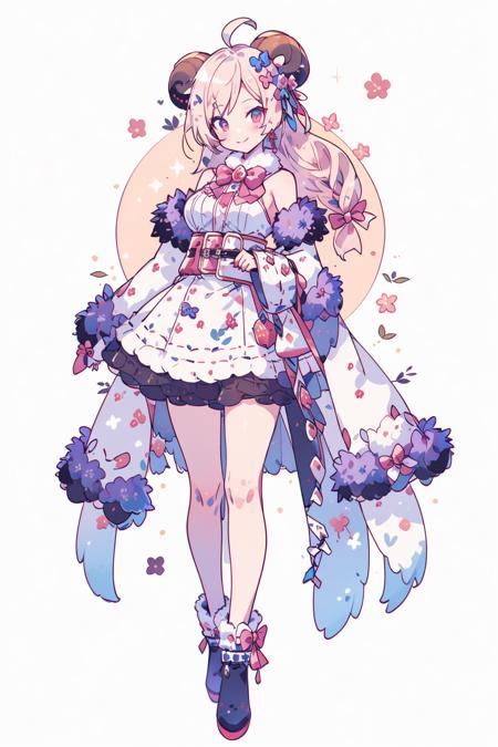 <lora:powderblue:1>, 1girl, tsunomaki watame, sheep girl, virtual youtuber, sheep horns, harp, long hair, fur-trimmed dress, horns, solo, hair ornament, sheep ears, pink cape, fur trim, dress, blonde hair, instrument, hairclip, animal ears, detached sleeves, ahoge, looking at viewer, full body, white dress, boots, ribbed sleeves, breasts, smile, pouch, black footwear, cape, bowtie, fur-trimmed boots, bow, purple eyes, white background, fur-trimmed sleeves, brooch, belt pouch, simple background, blush, holding instrument, fur-trimmed cape, closed mouth, standing, holding, two-sided cape, very long hair, bangs, red bowtie, red bow, jewelry, tachi-e, straight-on, short dress, sleeveless dress, curled horns, medium breasts, sleeveless, two-sided fabric, miniskirt, skirt, bare shoulders, belt