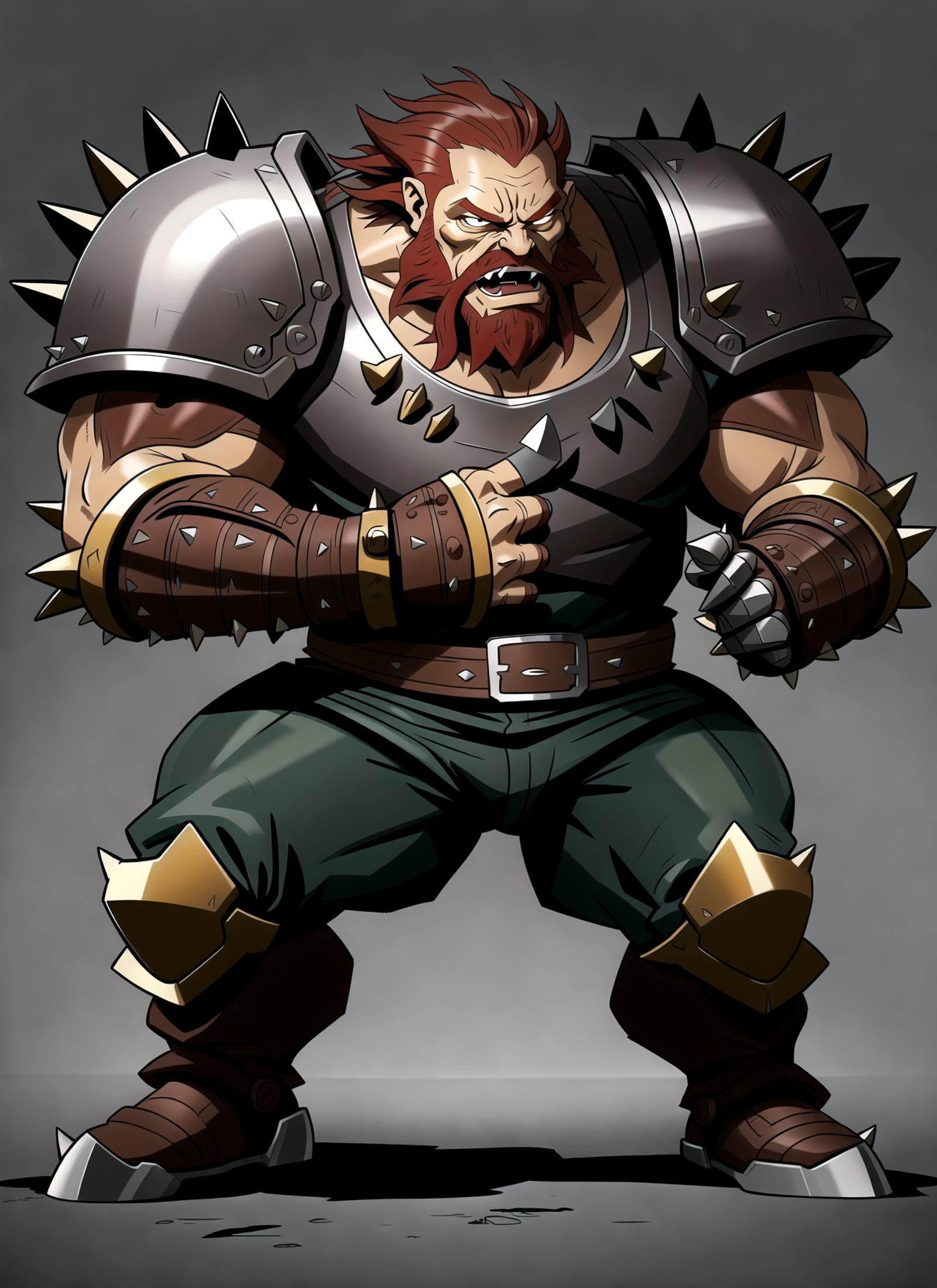 stout dwarf, short, squat, (metal lower jaw, spiked iron jaw, metal beard:1.2), heavy armor, military style, angry expression, furious eyes, mean, (massive spiked gauntlets:1.1) 
(intricately detailed, ink drawing, thick lines, , flat colors, Dungeons and dragons style full body portrait, 8k, deep color, fantastical), dynamic action pose, fight pose, <lora:add_detail:0.5>,
Clip Skip:2