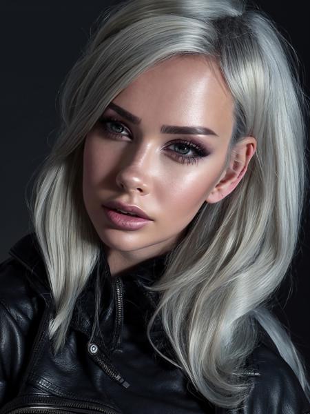 8k portrait of a girl, AlanahPearce, white hair, brown eyes, high ponytail
, ((leather jacket))
, (masterpiece: 1.4), extremely detailed skin,, (looking at viewer), (upper body:0.8), (close-up:0.8), (photorealistic:1.2)
, beautiful detailed eyes, sharp focus, glowing eyes, detailed 4k eyes, dark bedroom background,  <lora:LowRA:0.6>, dark theme, night, advntr, bedroom
, <lora:more_details:0.3>, <lora:AlanahPearceV2:1.0>,  <lora:hairdetailer:0.5>