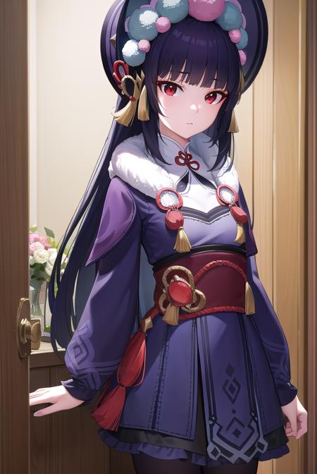 yunjin, <lora:yunjin-lora-nochekaiser:1>,
yun jin, black hair, blunt bangs, braid, eyeshadow, long hair, makeup, purple hair, (red eyes:1.5), red eyeshadow, (small breasts:1.2),
BREAK black footwear, boots, chinese clothes, fur trim, hat, knee boots, long sleeves, pantyhose, pom pom (clothes), purple pantyhose,
BREAK indoors, theater,
BREAK looking at viewer, (cowboy shot:1.5), upper body,
BREAK <lyco:GoodHands-beta2:1>, (masterpiece:1.2), best quality, high resolution, unity 8k wallpaper, (illustration:0.8), (beautiful detailed eyes:1.6), extremely detailed face, perfect lighting, extremely detailed CG, (perfect hands, perfect anatomy),