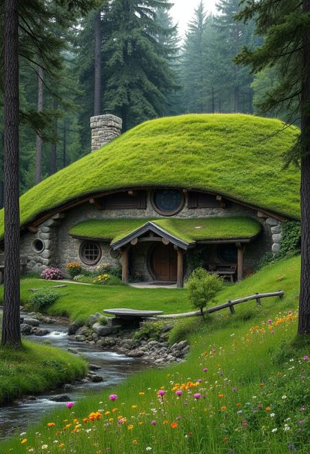 in front hangs a single-story house built of stone, covered and blended with nature, dug into the ground, on a slope, the roof reaches the ground and is completely covered with grass and green grass, the hobbit-type house, a large front porch, round windows, a stone chimney, inside spacious, at least three rooms, interior toilet and bathroom, separate wide kitchen merged with the living room, nestled in the forest in front of it runs a river, a meadow with colorful flowers, realistic style, photorealism, a sense of harmony and peace, relaxation,