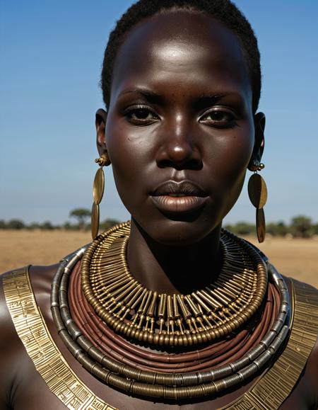 Female-Militia-Tribal, Hyperrealistic art, cinematic, cinemascope, movie-still, UHD, full-body portrait of a female member of the Dinka tribe from South Sudan, with tall, lithe stature, striking almond-shaped eyes, and deep black ebony skin that reflects the sun’s glow. She wears minimalistic attire, a draped leather shawl, and neck rings, both worn and marked by years of sun exposure. Her head is shaved, highlighting her bone structure, and her wrists are adorned with traditional brass bracelets. The setting features the open, grassy plains of the Nile Valley, with a bright blue sky and towering acacia trees in the distance.