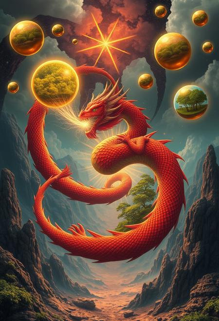 /imagine prompt: A surreal, dreamlike landscape unfolds, where reality bends and twists into impossible forms. At the center, a majestic dragon with flowing, red scales is caught in an eternal chase, ouroboros shape,  its body weaving through a figure 8 infinity loop,  The dragon’s mouth is wide open, exhaling vibrant energy that seems to breathe life into the strange world around it. Floating in the air, golden spheres hover, some cracked open to reveal miniature forests growing within, as if entire ecosystems are contained inside these radiant orbs.