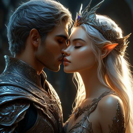 brutal handsome man kissing a beautiful elven queen, magical, sci-fi, beautiful, unimaginable, 
very dramatic, naturalistic, photorealistic, highly detailed digital art, science vs fantasy, 
accurate intricate and realistic anatomy, 
soft lighting, Cinematic, Color Grading, Editorial Photography, volumetric lighting, atmospheric, Photography,