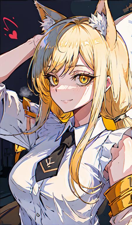 nsfw, masterpiece, (best quality:1.2), (sharp focus:1.2),
1 girl, slim girl,
(blonde|light_yellow hair), cat ears,
detailed face, young|cute face, blush, evil smile,
natural breasts, thin arms,
white collared shirt with black tie, black choker,
in a modern office, indoor