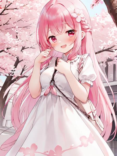 1girl, pink hair, solo, long hair, outdoors, finger to mouth, dress, hair ornament, white dress, very long hair, looking at viewer, pink flower, bangs, flower, day, hair between eyes, blush, short sleeves, petals, hairclip, cherry blossoms, index finger raised, shushing, bag, building, red eyes, standing, pink eyes, tree, closed mouth, hand up, braid, breasts, smile