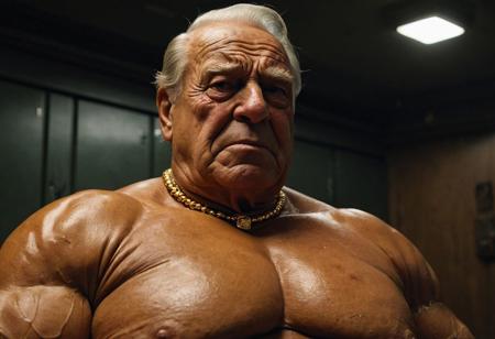(photo, realistic, raw), (nighttime, at night, dark, dark hard shadows, cinematic atmosphere, movie grain, hazey atmosphere), closeup from below, (brute, etherial, spiritual, emperor, king, god), old burly buff gentleman, old manly mature man, combed back hair,  doublechin, old tanned grandpa, wrinkly neck, proud big chest, thick neck, armpits, tanned skin, tight golden spandex, gold jewellery, gold necklace, in a dark locker room at night, nighttime, arrogant disgusted disappointed smile, intimite situation, romantic atmosphere, stern, serious, angry, sad expression, sweaty oily oiled skin, massive pecs, doublechin, big neck,.