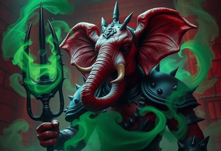 A terrifying evil elephant-headed man with two trunks. Red skin. Extra trunk. Wearing spiked armor. Holding a barbed trident. Surrounded by green swirling gas. Red prison walls in the background.  In the style of a fantastical horror film.