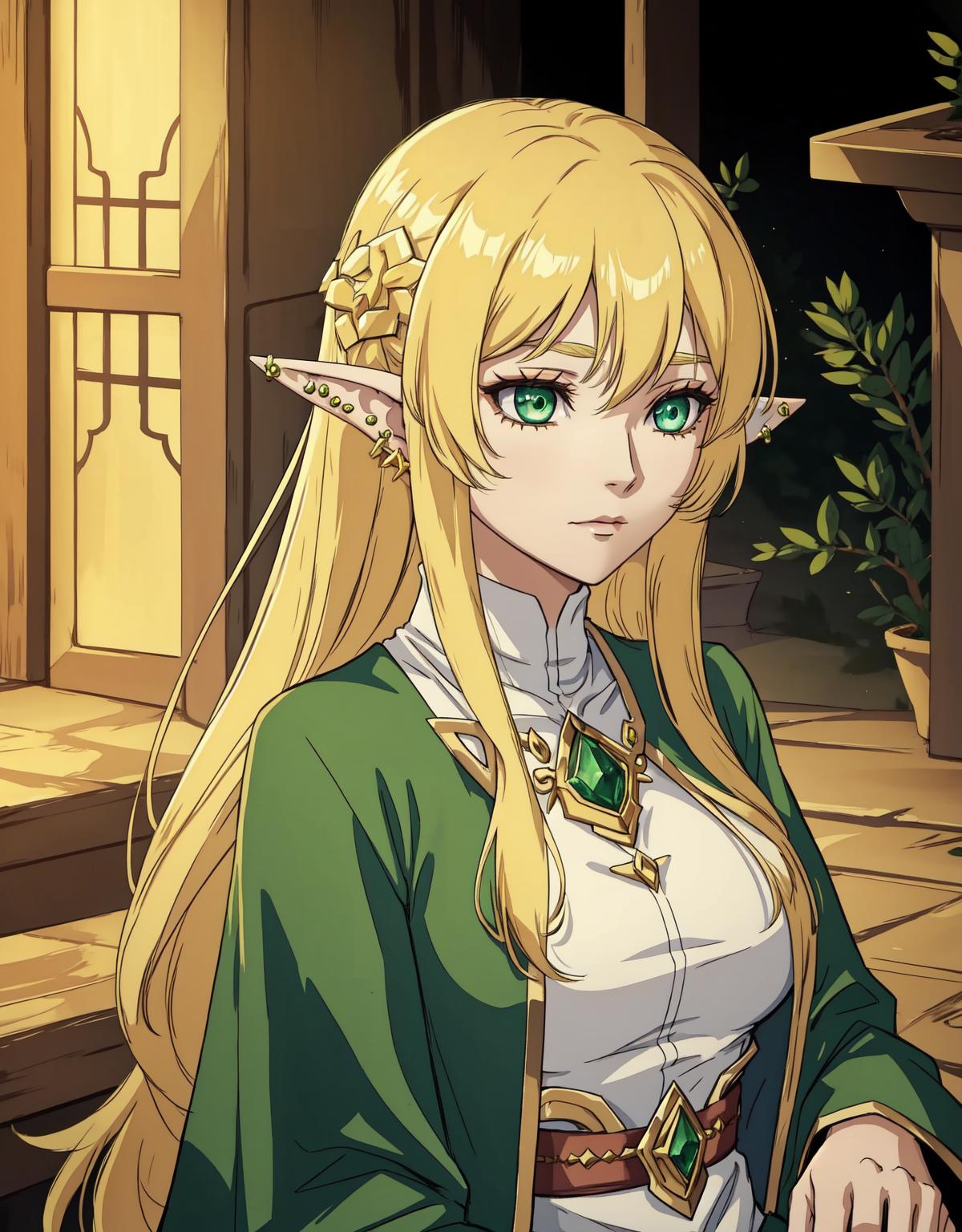 Anime-style image of a beautiful elf woman with long blonde hair and green eyes, wearing a green and white dress and standing in front of a door.