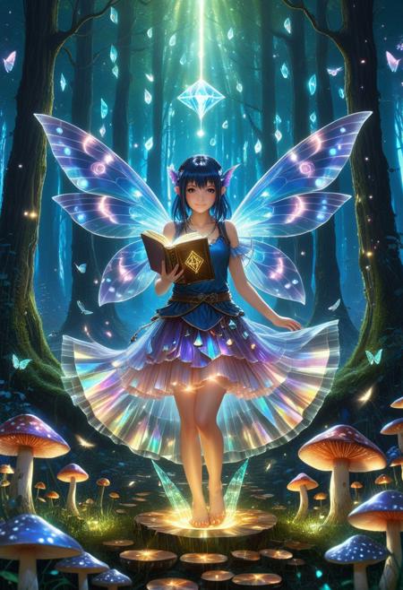 2d, anime style, sfw, masterpiece, 
1girl, fairy wizard, fluttering layered skirt made of transparent CDs with glowing runes, tiny wings with prismatic light, floating above a glowing mushroom grove, spellbook in hand