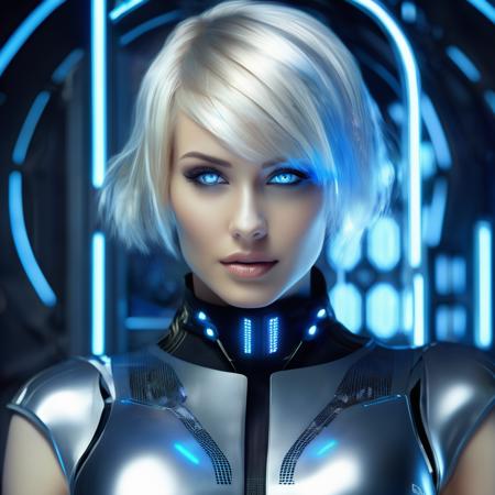 <lora:FF-Midj-Last-v0563:1>  blond woman with futuristic hair and blue eyes in a futuristic room, cgsociety 9, portrait of a female android, beautiful alluring female cyborg, cyborg - girl with silver hair, portrait of female android, devianart and cgsociety, beautiful female neuromancer, retrofuturistic female android, cgsociety ), rending on cgsociety, stunning cgsociety