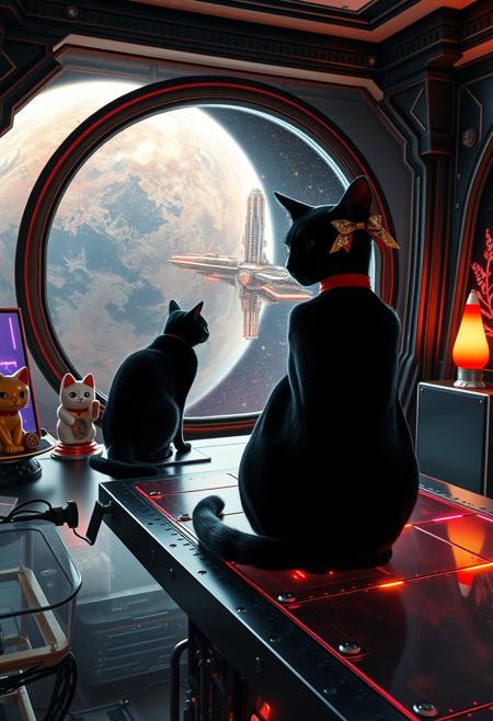 A sleek black cat with red collar sits on a cluttered metal riveted desk with transparent top and rgb led computer components visible inside, On the desk are a maneki neko statue and a lava lamp, the Black Cat is looking out of a seamless and futuristic floor to ceiling window that looks out at a planet from low orbit, (((a beautiful woman fully visible, 24 years old, is standing looking out the window, the woman is dressed in an ornate Japanese style futuristic formal gown (semi-risque) . An enormous deco-cyberpunk starship with futuristic lighting and an enormous space station are visible in the background among the stars, The woman's hair is pinned up with exquisite gold and jeweled chopsticks, and an artistic ribbon that contrasts perfectly with the gown. Artistic cyberpunk, dynamic perspective, (((overall architectural aesthetic is Art Deco Cyberpunk))).