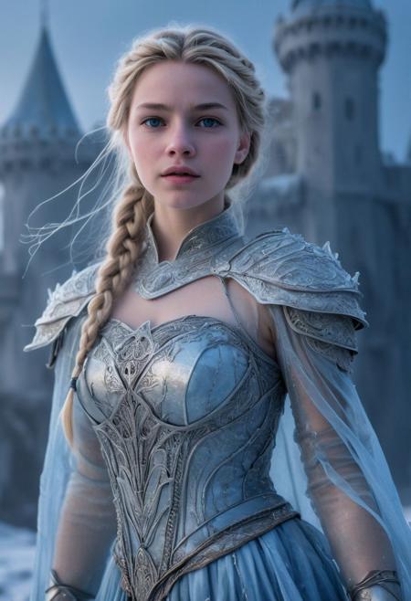 Close Up shot of  Elsa from the Frozen tale as a princess warrior, she IS a very beautiful girl, long blonde braid hairstyle, beautiful, silver steel armour, light blue dirt dress, wind, at night, fog, mist, ice castle at the background, National Geographic photography awarded masterpiece