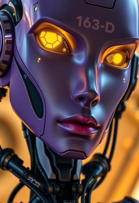 A close-up of a futuristic humanoid android with a sleek, metallic face in shades of purple, grey, and black. The android’s glowing yellow eyes have geometric, mechanical pupils, giving an intense, focused gaze. Its face is smooth and humanlike, but segmented with visible panel lines and printed alphanumeric codes like "163-D" beneath one eye. The lips are matte pink, expressionless and cold. Attached to the side of the head is a cybernetic module with small illuminated symbols, hexagonal grids, and a connector-like structure. The neck transitions into a complex, dark mechanical collar made of layered, textured materials with cables and joints. The background is softly blurred with warm beige-yellow lighting and indistinct futuristic shapes, suggesting a sci-fi indoor setting. The overall mood is high-tech, enigmatic, and slightly ominous.