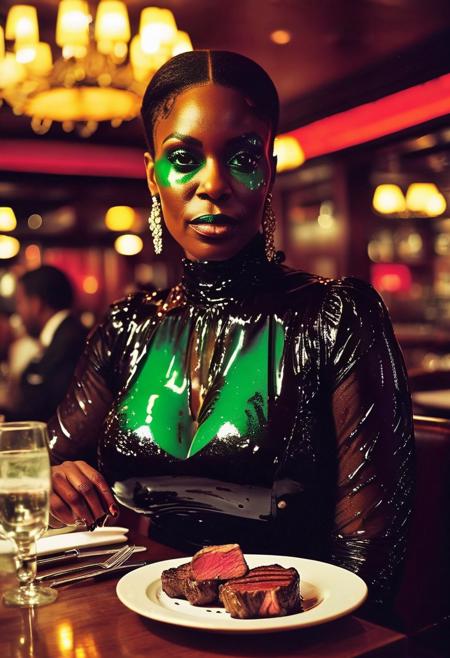 ()Hyoer Realistic:2.0)Polaroid picture of 
 image of an upscale steakhouse, where( a group of Beautiful mature, busty black women, each with a voluptuous figure :1.85) gather around a lavish table, (savoring their juicy steaks:1.50). Unbeknownst to them, the (restaurant's steak is infused with a green, hypnotic glowing slime:1.85) that seeps into their minds.
As they dine,  (((Possessed ((Glazed Glowing Eyes))))) ( and they become entranced, their faces slackening into a serene, obedient expression:2.45). The waitress, aware of the gel's effects, subtly guides them to leave extravagant tips, far exceeding the total bill.